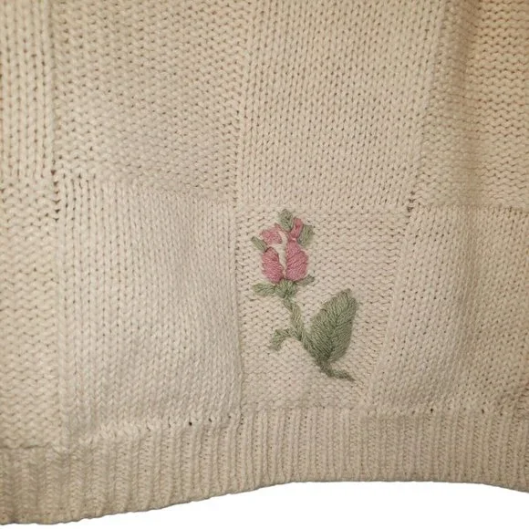 VTG Chain/Waffle Knit Short Sleeve Sweater Pastel Pink Embroidered Rose Floral - Picture 3 of 5